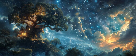 Fototapeta premium Enchanted Tree House in Tranquil Forest with Stunning Galaxy Sky A Magical Retreat Under the Stars