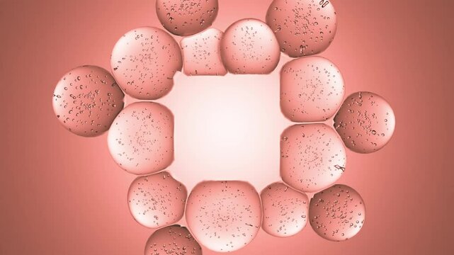 4K abstract bubbles with copy or logo square cube frame on soft peach fuzz background. Water drops ice cube template