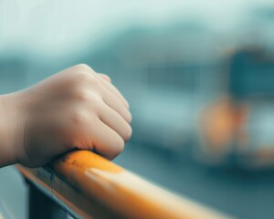 Obraz premium A close-up of a student s hand gripping a school bus railing, with the busy, excited atmosphere of back-to-school in the background