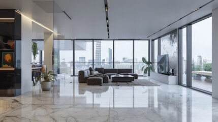Fototapeta premium A large, open living room with a white marble floor and a black couch