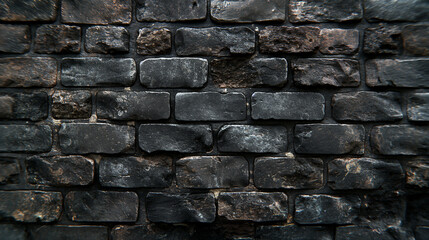 Naklejka premium A textured brick wall, predominantly in shades of black and gray. The bricks are closely packed, creating a uniform pattern. The wall appears to be of a vintage or rustic style