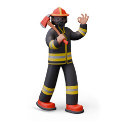 Firefighter in uniform, respirator and protective helmet walks with fire ax on his shoulder