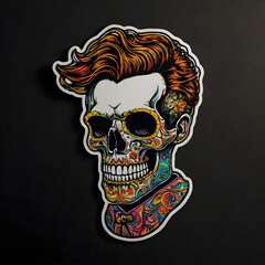 A strikingly detailed pop art sticker of a skull adorned with a stylish posh undercut haircut against a solid black background.