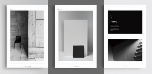 The image shows a triptych of black and white abstract and architectural designs