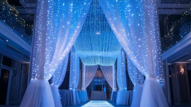An elegant wedding venue features flowing white drapes and blue fairy lights, creating a magical atmosphere. The night setting enhances the sparkling decor, perfect for a romantic evening.