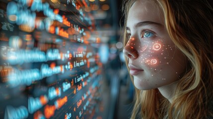 Young woman with futuristic digital interface overlay on face, analyzing data, representing technology and artificial intelligence concepts.
