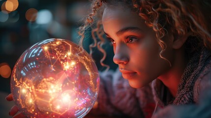 Naklejka premium A thoughtful woman gazes into a glowing orb, symbolizing curiosity, exploration, and futuristic technology in a dimly lit environment.