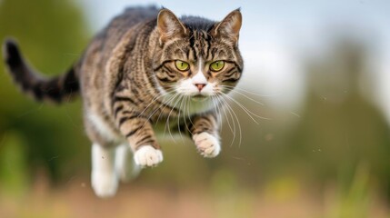 Fototapeta premium A tabby cat with white markings leaps through the air, paws extended, with a focused expression.