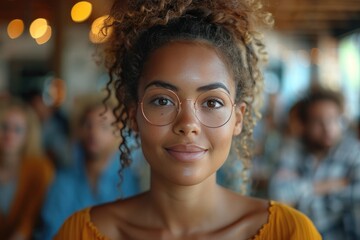 Obraz premium Close-up of a young woman with curly hair and glasses, wearing a yellow top, smiling in a social setting with blurred background.