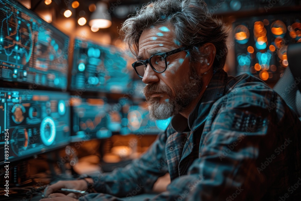 Poster focused man with glasses working on multiple computer screens in a dark room, illuminated by blue an