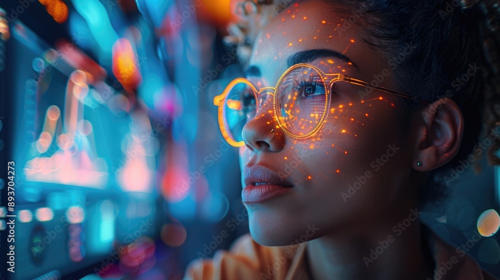 Poster focused professional analyzing futuristic data displays, illuminated by vibrant digital projections 
