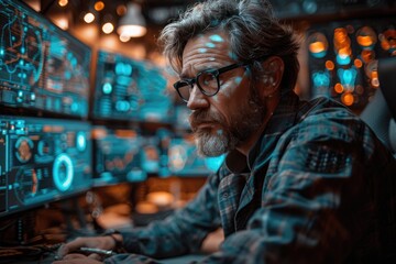 Obraz premium Focused man with glasses working on multiple computer screens in a dark room, illuminated by blue and orange lights, showcasing technology engagement.