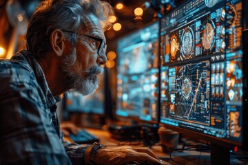 Fototapeta premium Focused professional analyzing data on multiple monitors in a dimly lit control room environment filled with advanced technology.