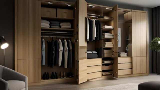 A wardrobe with lots of shirts hanging in a wooden wardrobe.
