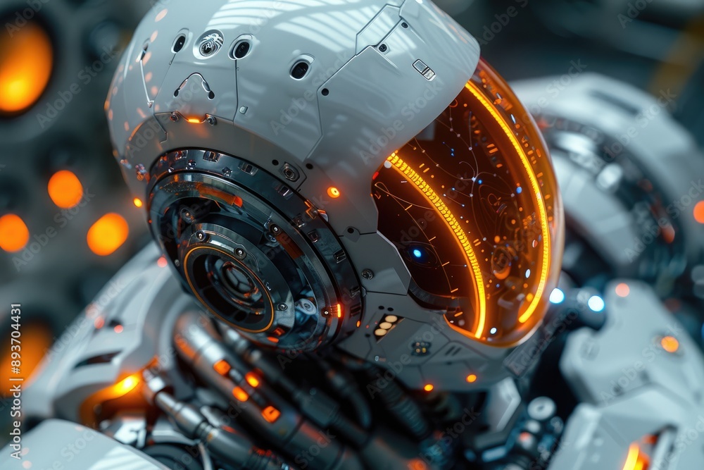 Aufkleber futuristic robot with advanced ai technology and intricate design, featuring a glowing orange visor 