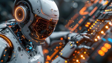 Fototapeta premium Futuristic robot with glowing lights operating an advanced control panel, symbolizing high-tech innovation and artificial intelligence.