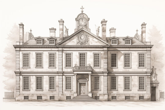 architectural sketch and patent drawing of georgian manor house