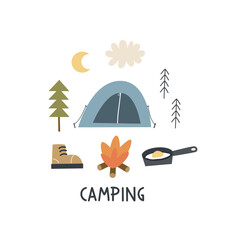 Cartoon camping thematic elements, hand drawing lettering. Colorful vector illustration, flat style. design for cards, print, poster, cover