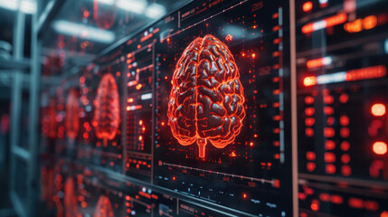 Futuristic brain scan visualization with red neural highlights on a digital interface.