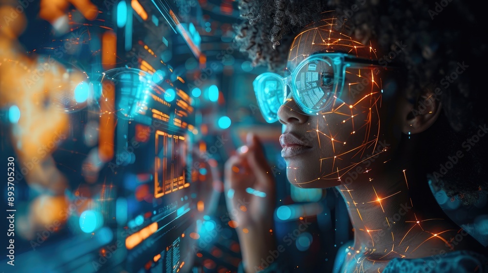Poster woman using futuristic interface, analyzing data with advanced technology, augmented reality visuals