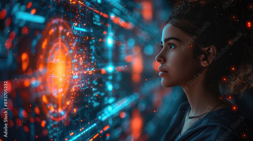 Aufkleber woman analyzing futuristic digital interface with glowing data points. technology, innovation, artif