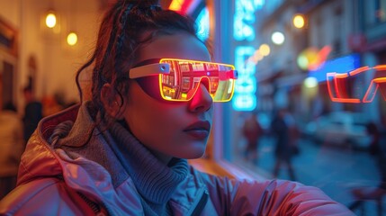 Obraz premium Woman wearing futuristic neon glasses in a vibrant city street at night, reflecting bright lights and modern fashion trends.