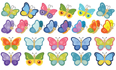 Set of smiling multicolor butterfly clipart. Vector illustration of butterfly cartoon collection on white background. Flying butterfly isolated. Baby shower design elements. Party invitation, birthday