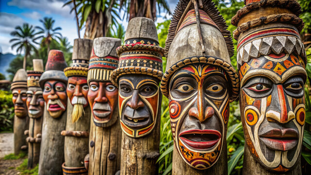 Vibrant tribesmen's masks crafted from mud adorn wooden poles, showcasing the ancient traditions of Papua New Guinea's Asaro tribe in a mystical, earthy tableau.