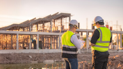 Fototapeta premium Two Asian engineer working at site of a large building project,Thailand people,Work overtime at construction site,Team of engineer discus at site