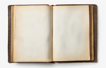 Overhead view of an open book with blank pages. Pure white background