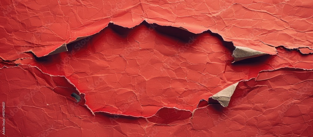 Poster high-quality photo of torn red paper with a large hole for advertising text on a textured background