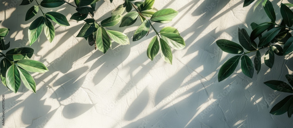 Poster natural leaves and tree branches create abstract background with sunlight shadows on a white concret