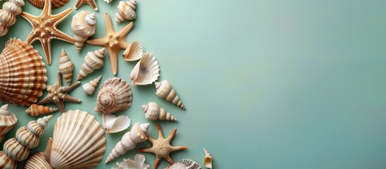Obraz premium Seashells arranged neatly with copy space image on green backdrop.
