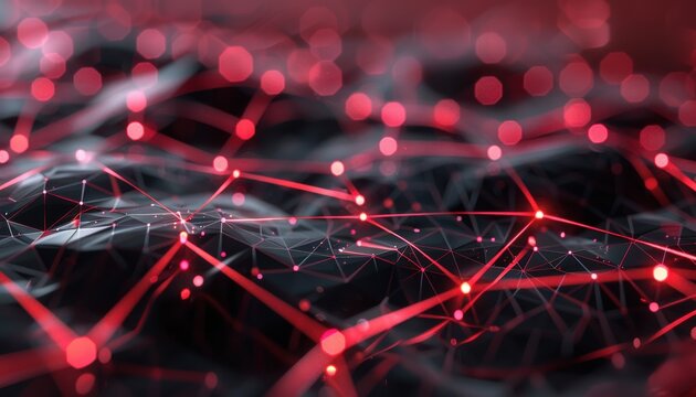 A detailed view of a holographic projection showing a red cloud computing system with complex network pathways and system nodes