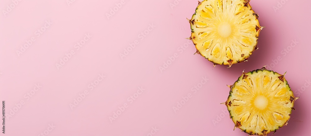 Poster ripe pineapple halves on a pink background in a flat lay style with space for text in the image. ima