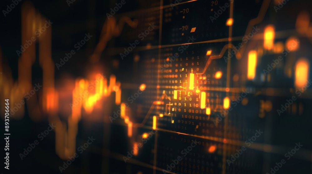 Poster abstract digital data background with shining orange and red lights representing technology and inno