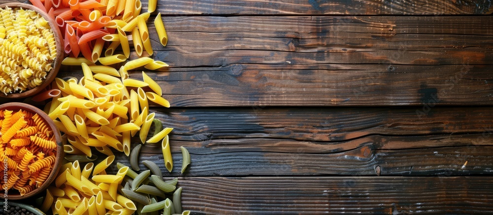 Poster pasta of different types arranged for cooking, seen from above with a designated area for adding tex