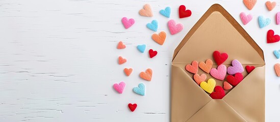 Valentine's Day theme with heart-filled envelope and colorful hearts on white background with copy space image.