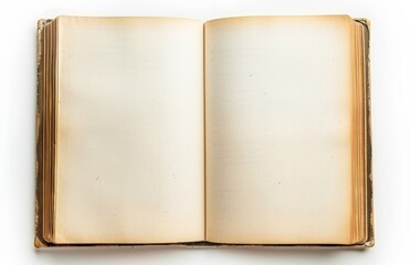 Overhead view of an open book with blank pages. Pure white background