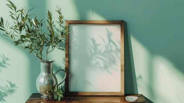 Mockup of an empty wooden frame with olive branches in silver jug against mint green wall. Home office workspace, art display. Retro summer interior still life.