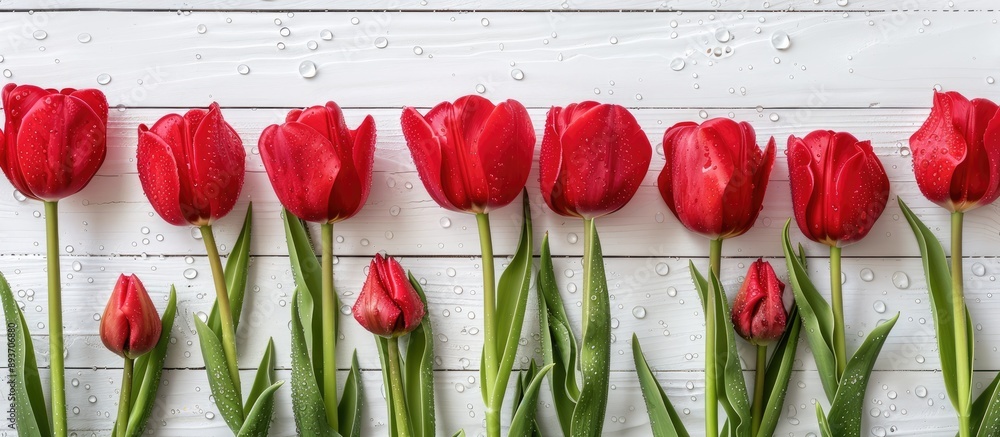 Aufkleber red tulips with waterdrops on a white wooden backdrop, ideal for adding text with copy space image.