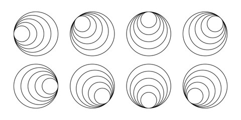 Internally tangent circles. Sonic boom or sound wave sign. Clamshells shapes. Hawaiian earrings. Simple geometric figures. Concentric rings isolated on white background. Vector graphic illustration. © vikusha_art