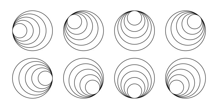 Internally tangent circles. Sonic boom or sound wave sign. Clamshells shapes. Hawaiian earrings. Simple geometric figures. Concentric rings isolated on white background. Vector graphic illustration.