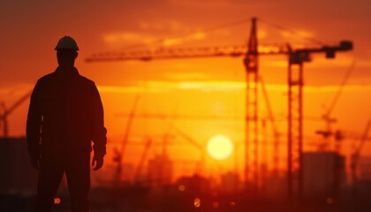 A dramatic shot of a construction worker silhouetted against a fiery sunset, overlooking a vast construction site with towering cranes