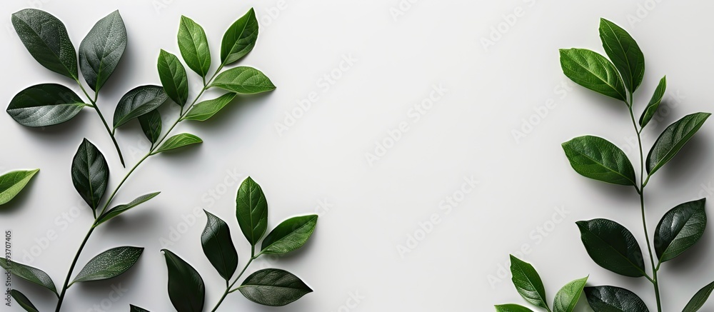 Poster minimalistic flat lay composition with fresh green leaves on a white background in a horizontal fram