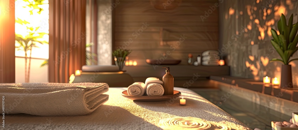 Poster spa setup on massage table in wellness center with appealing copy space image.