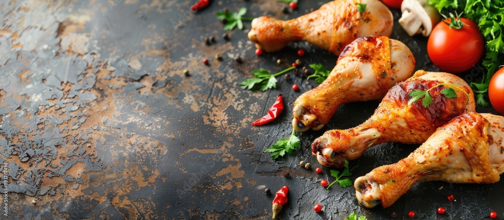 Poster healthy menu concept featuring boiled chicken legs on a food background in a top view with copy spac