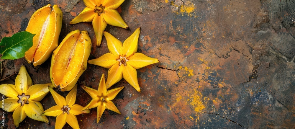 Aufkleber slices of carambola star fruit arranged outdoors with space for text on a rustic food background in 