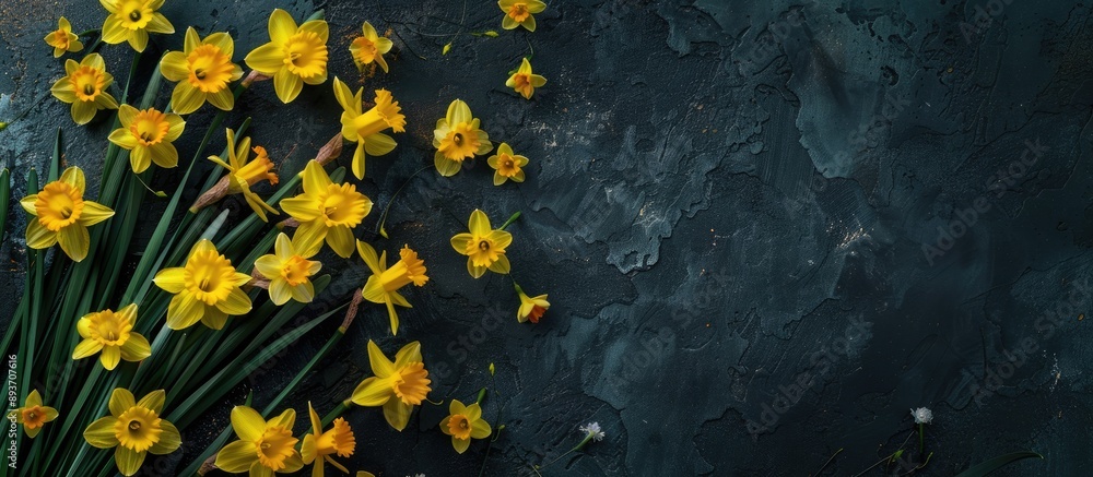 Poster top view of stunning spring daffodils set against a dark background, with copy space image.