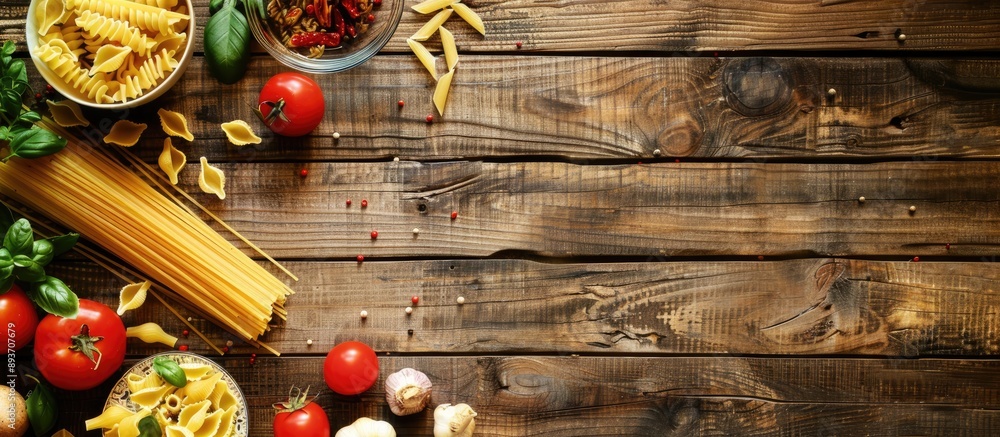 Poster various pasta types displayed on a rustic wooden table with copy space image.